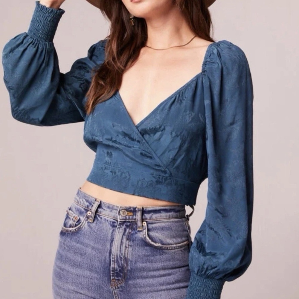 NWT Band of the Free Camille Crossover Crop Top Deep Teal Puff Sleeve Floral XS